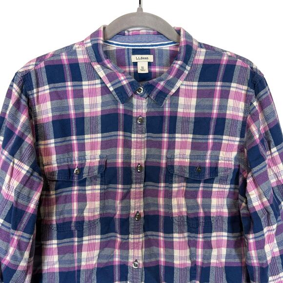 L.L. Bean Flannel Shirt Women XL Blue Pink Scotch Plaid Relaxed Casual Button-Up - Picture 3 of 11